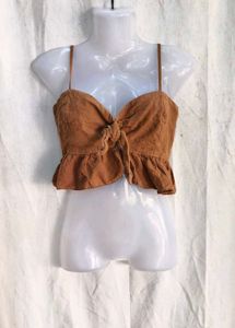 I. Brown Tie-Front Peplum Top