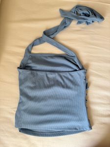 Cute Blue Ruched Halter Top