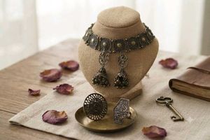 Boho Oxidized Silver Jhumka Necklace Set
