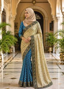 Elegant Beige & Blue Silk Saree