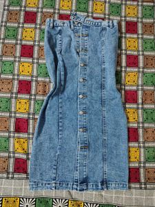 Vintage Wash Denim Button-Front Midi Skirt