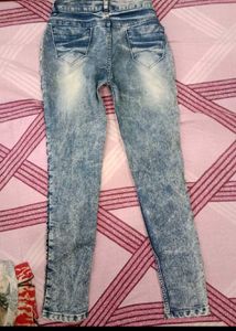 Distressed Blue Denim Jeans with Lattice Detail
