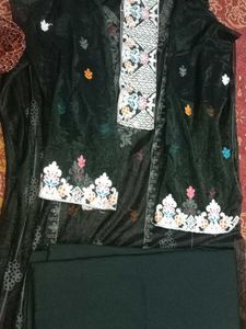 Embroidered Teal Velvet Kurta Set