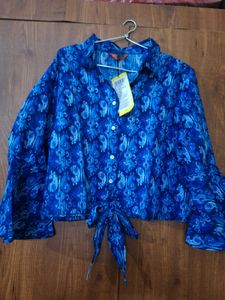 Stylish Blue Paisley Print Tie-Front Top