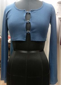 Blue Cropped Cardigan with Buckle Detail