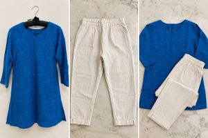 Blue short Kurta with white Pants