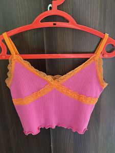Vibrant Pink Lace Trim Crop Top