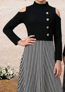 Stylish Black &amp; White Striped Cold Shoulder Dress