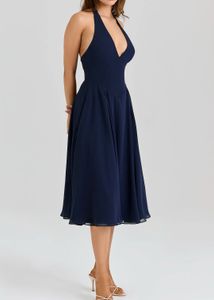Elegant Navy Blue Halter Dress