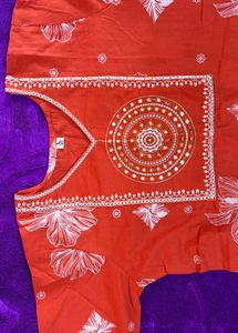 Orange Kurta Set with White Floral Print