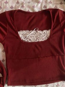 Ribbed Lace Trim Square Neck Top