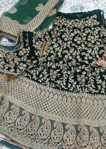 Bottle Green Bridal Embroiderd Velvet Lehenga