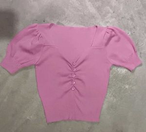 Puff Sleeve Button-Up Knit Top