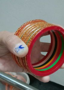 Colorful Glass Bangles with Gold Floral Design