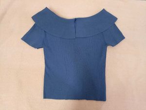 Blue Off-Shoulder Ribbed Top