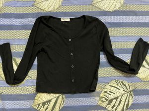 Black Ribbed Button-Up Long Sleeve Top