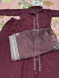 Maroon Embroidered Kurta Set with Dupatta