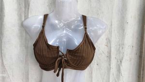 Brown Ribbed Lace-Up Bikini Top