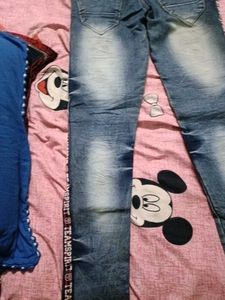 Distressed Blue Jeans with Side Stripe