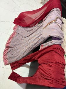 Elegant Lilac Kurta Set with Red Dupatta