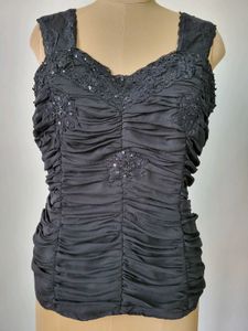 Elegant Ruched Black Top with Lace Detail