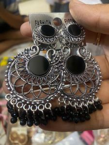 Oxidized Silver Black Jhumka Earrings