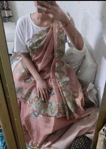 peach saree with fall &amp; Blouse.