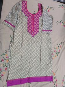 Beige with Pink Embroidery Cotton Kurta
