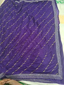 Vibrant Purple Saree with Gold Stripes