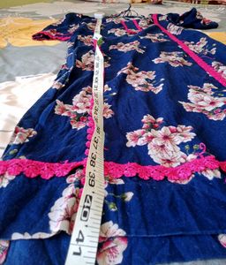 Navy Floral Kurta Set with Pink Trim