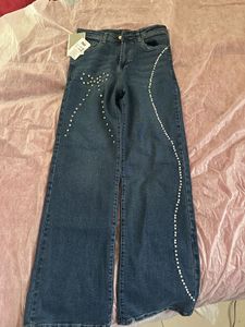 Embellished Wide Leg Denim Jeans