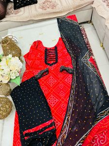 Red & Black Bandhani Kurta Set