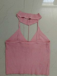 Pink Ribbed Halter Neck Crop Top