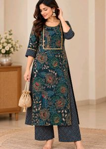 Libas Teal Botanical Print Embellished Kurta Set