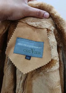 Brown suede..inside Faux Fur Trim Coat