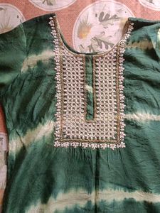 Green Tie-Dye Suit with Embellished Neckline