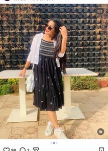 Chic Black Tiered Midi Dress with White Shrug