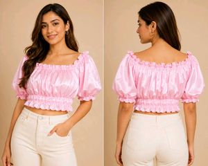 Pink Satin Off-Shoulder Puff Sleeve Crop Top