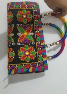 Embroidered Clutch Bag with Rainbow Handles