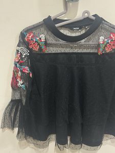 Nuon Sheer Embroidered Black Top