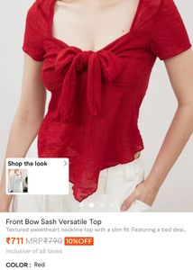 Chic Red Textured Square Neck Tie-Front Top