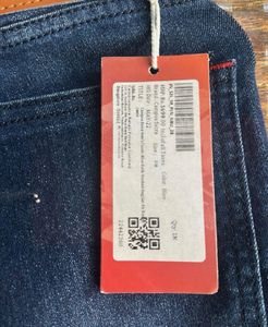 Men's Distressed Blue Jeans with Red Stripes