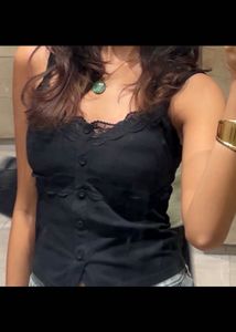 Black Lace Trim Button-Up Camisole