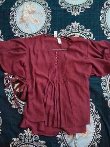 Maroon Pleated Top with Bell Sleeves