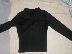 Black Ribbed Top with Collar Zip