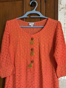 Orange Eyelet Kurta with Tassels
