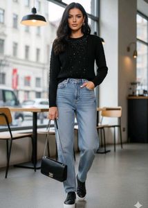 Elegant Black Embellished Knit Sweater