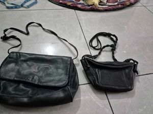 Set of 2 Black Leather Shoulder Bags