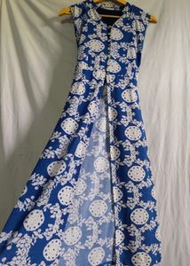 Blue Printed Sleeveless Kurta