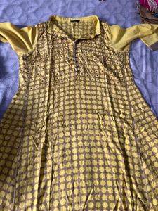 Yellow & Brown Printed Kurta